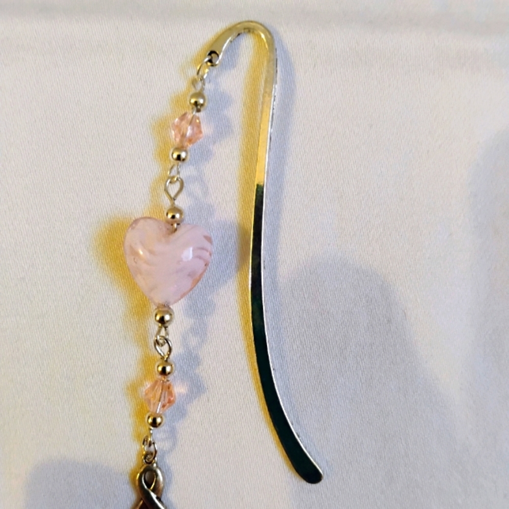 Hand Crafted Glass Heart Bookmark with Hope Ribbon